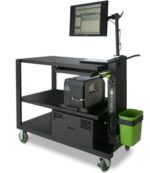 A mobile workstation with a computer monitor mounted on top, a keyboard below, and a printer on a lower shelf. A green trash bin is attached to the side. The unit has wheels for mobility.