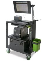 A portable workstation with a monitor displaying software, a small printer, and a barcode scanner mounted on a wheeled cart. It includes various compartments, a green waste bin, and equipment for inventory management or retail tasks.