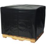 A pallet is covered by an MH-USA 48 x 40 x 48 - 3 Mil Black Pallet Cover from a case of 50, hiding the stacks shape, set against a plain white backdrop.