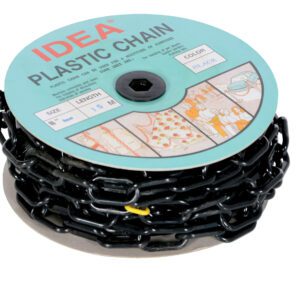 A neatly coiled spool of Vestil Black Plastic Chain Barricade 590 In is labeled with a green and red sticker reading IDEA Plastic Chain, indicating its black color and ideal length for durable barricades.