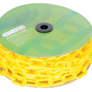 A spool of Vestil Yellow Plastic Chain Barricade 590 In is coiled around a circular cardboard holder, partially visible with a green background featuring text and graphics.