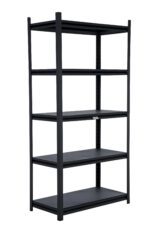 The Vestil Powder Coated Boltless Shelf 36X18X72 is a stylish black metal shelving unit with five open, evenly spaced tiers, ideal for organizing your space with a touch of elegance against its sleek design.