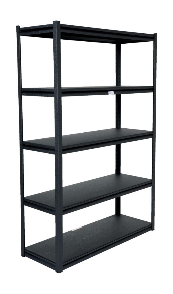 PCBS-1848_A.jpg The black Vestil Powder Coated Boltless Shelf 48X18X72, a metal shelving unit with five evenly spaced shelves, stands empty and elegantly against a plain white background.