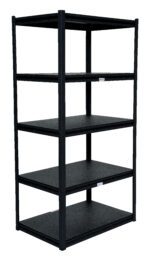 The black Vestil Powder Coated Boltless Shelf 36X24X72 is a sleek five-tier unit featuring an open frame and evenly spaced shelves, providing sturdy and ample storage space for efficient organization.