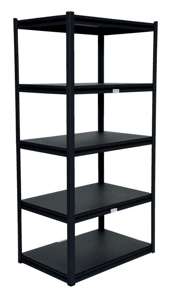 PCBS-2436_A.jpg The black Vestil Powder Coated Boltless Shelf 36X24X72 is a sleek five-tier unit featuring an open frame and evenly spaced shelves, providing sturdy and ample storage space for efficient organization.