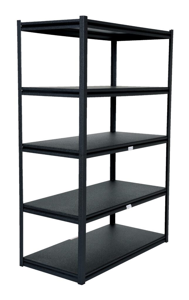 The Vestil Powder Coated Boltless Shelf 48X24X72 features a minimalist metal frame and spacious rectangular shelves in a sleek black finish. As a five-tier unit, it stands upright to showcase ample storage capacity, enhancing any space effortlessly.