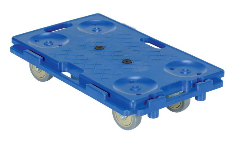 The Vestil Interlocking Plastic Dolly 15.75 x 26.75 comes in blue and offers smooth maneuverability with its four gray wheels. It features circular grooves on top and dual handles for easy handling.