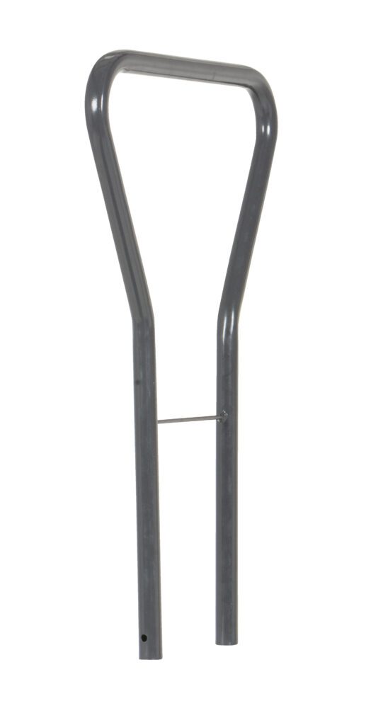 Displayed against a plain white background, a metal haymaking head resembles the Vestil Interlocking Plastic Dolly Handle Option. It features a simple curved handle and long tines for effective hay gathering.