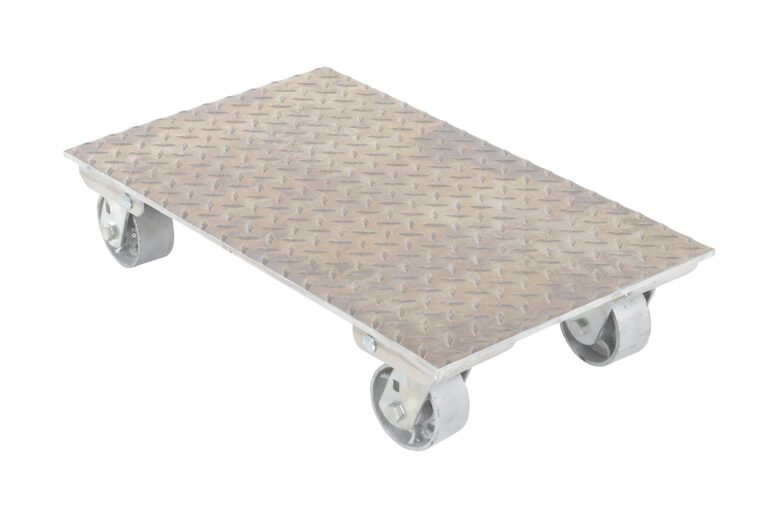 The Vestil Alum Dolly Cast Steel Wheels 16 X 27 features a textured, flat platform with a diamond plate pattern for grip and reliability. It includes cast steel swivel wheels, designed to make moving heavy objects effortless.