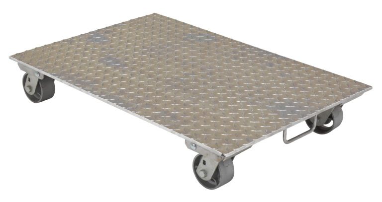 The Vestil Alum Dolly, featuring cast steel wheels and handle, has a metallic platform with a diamond-patterned surface for moving heavy items. It measures 24x36 inches and is displayed against a plain white background.