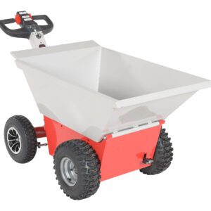 The Vestil Powered Dump Cart 1000# Capacity features a striking red and gray design with a front handlebar, four sturdy wheels, and a large open container perfect for efficient heavy-duty material transportation.