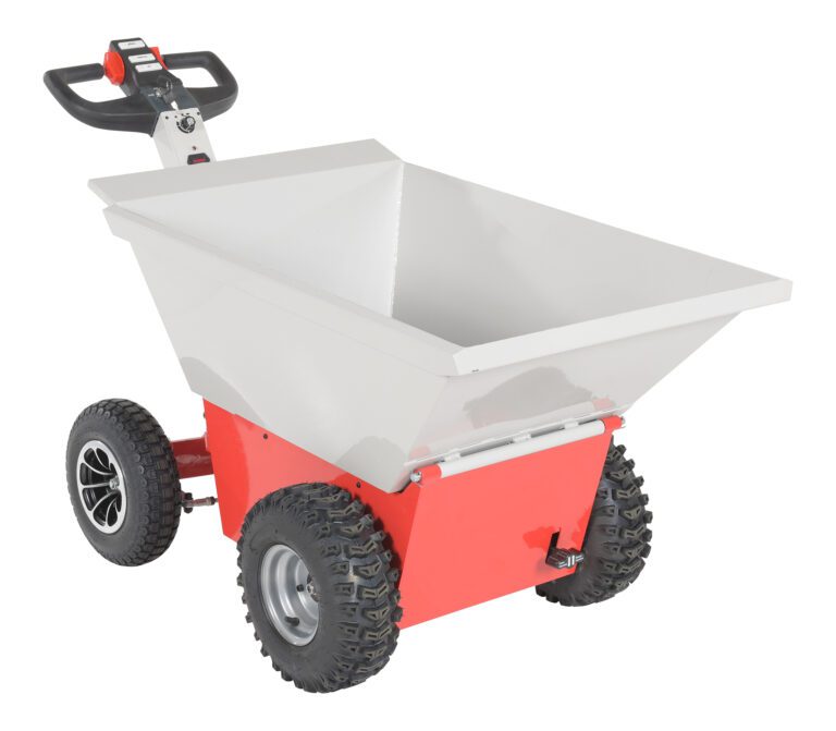 The Vestil Powered Dump Cart 1000# Capacity features a striking red and gray design with a front handlebar, four sturdy wheels, and a large open container perfect for efficient heavy-duty material transportation.