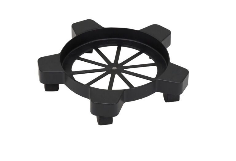 PDD-5_A.jpg The Vestil Drum Dolly Black Plastic supports 5-7 gallon buckets and up to 80 lbs. Its design features six caster wheels, a circular shape with an open-grid center, and six protruding sections for stability.