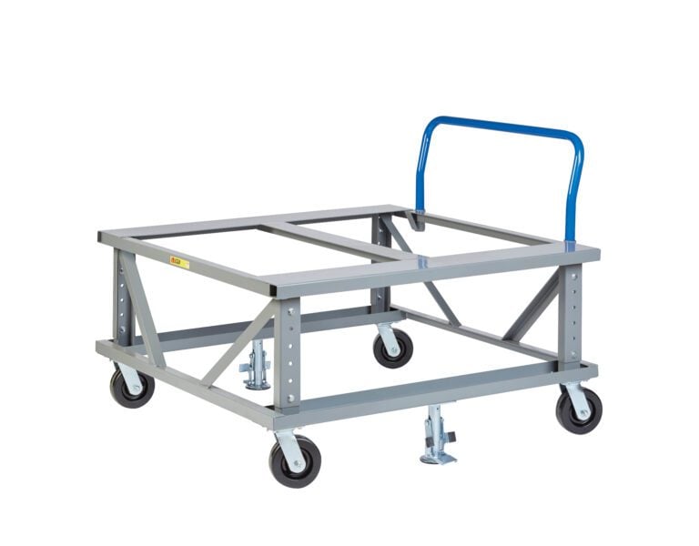 The Little Giant Ergonomic Adjustable Height Mobile Pallet Stand features a blue handle, four caster wheels with brakes, and a rectangular frame with cross-supports for supporting containers or pallets. Set against a white background, it offers adjustable height for versatile use.
