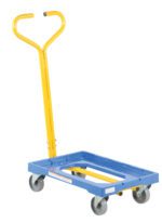 The blue Vestil Plastic Dolly with a yellow handle, gray wheels, and a 500 lb capacity boasts dimensions of 16 x 24 inches. Its curved top offers an easy grip, and it stands empty against a pristine white background.