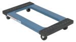 The Vestil Plastic Dolly W/Rubber Ends 18X30 1K is a robust blue rectangular dolly with four swivel casters and black rubber ends for dependable grip.
