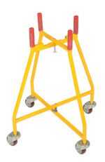 The Vestil Ergo Elevated Bucket & Pail Dolly 100 Lb has a yellow metal frame with four caster-equipped legs and red handles for easy mobility, making it ideal for transporting cylindrical items or equipment up to 100 lbs.