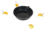 A black Vestil Optional Drip Pan For Bucket/Pail Dolly with a small spout is centered on a white background, surrounded by four yellow metal brackets, each featuring a silver U-shaped hook and a tightening screw.