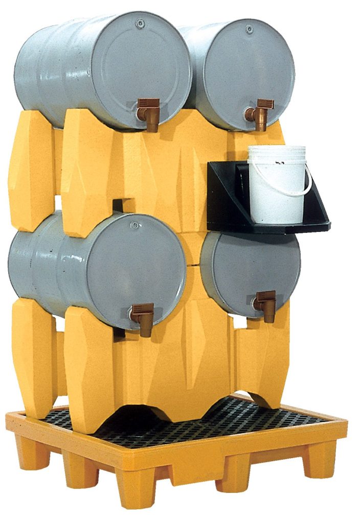 PDR-4_A.jpg The Vestil Poly 4 (55 Gallon) Drum Rack 3000 Lb Cap includes a yellow rack for four gray spout-equipped barrels, with a black tray and white bucket on the grid-like base for efficient containment.