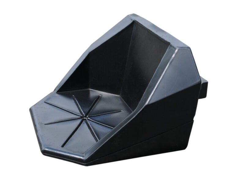The sleek, black angular plastic seat is perfect for sitting or lounging. With a geometric, faceted design featuring a star pattern at the bottom, it nods to modern aesthetics akin to the robust and functional style of a Vestil Drum Rack Dispensing Shelf. The gentle incline offers excellent back support.