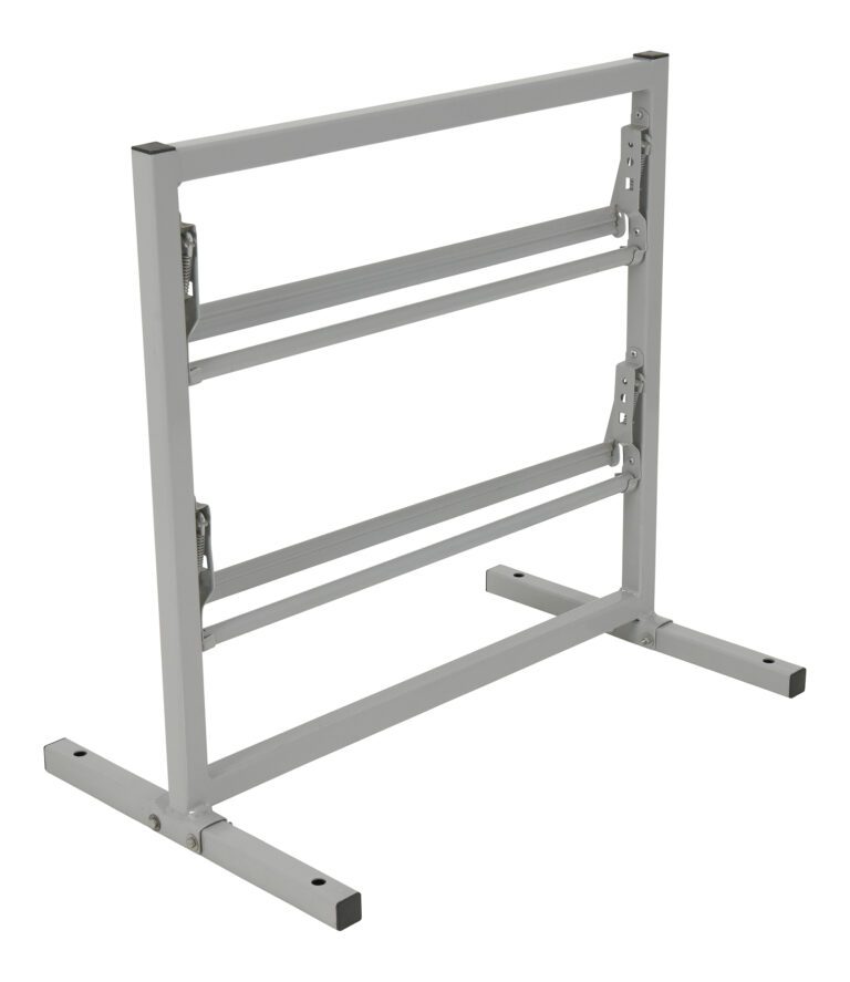 The Vestil Paper Dispenser Stand-2 Tier 24 In Wide has a white adjustable metal frame with two horizontal beams and sturdy legs, ideal for supporting a tabletop. It features visible hinges and joints for easy folding and height adjustment.