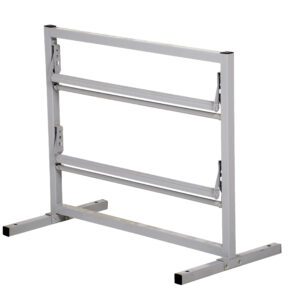 The Vestil Paper Dispenser Stand-2 Tier 30 In Wide is a robust metal stand with a rectangular frame and horizontal bars. Its two outward-extending base supports provide extra stability, making it perfect for securely holding items.