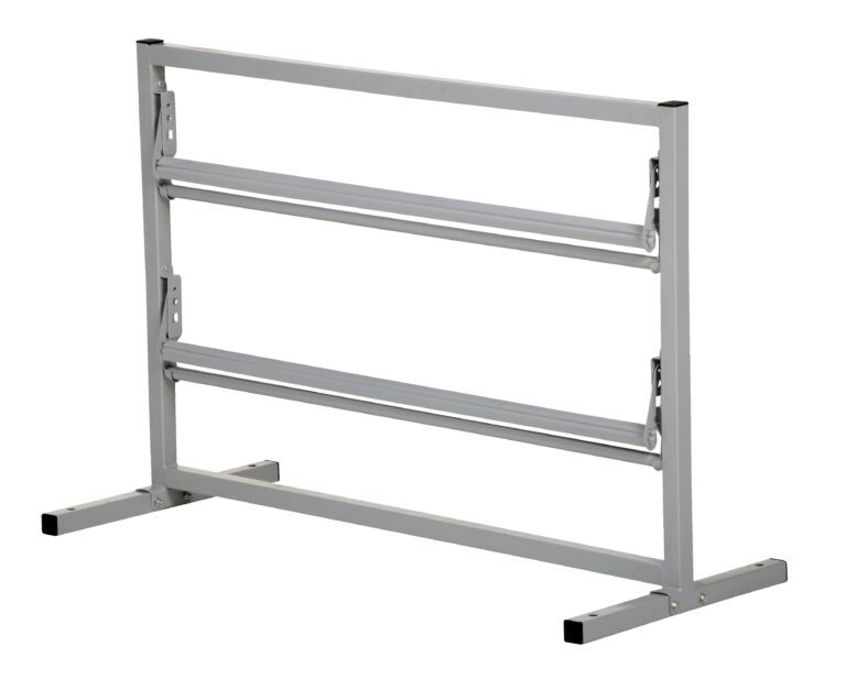 The Vestil Paper Dispenser Stand-2 Tier 36 In Wide boasts a sturdy metal frame, two horizontal bars, adjustable brackets, and wide flat legs. Painted in light gray, it elegantly contrasts a plain white background.