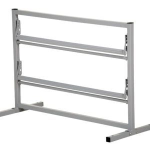 The Vestil Paper Dispenser Stand-2 Tier 36 In Wide boasts a sturdy metal frame, two horizontal bars, adjustable brackets, and wide flat legs. Painted in light gray, it elegantly contrasts a plain white background.
