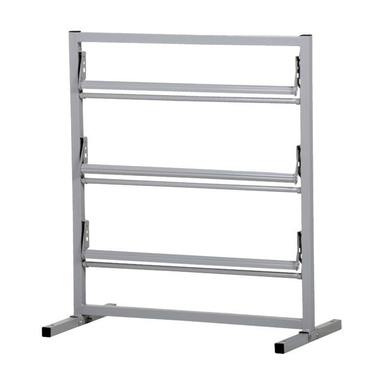 The Steel storage rack, like the Vestil Paper Dispenser Stand-3 Tier 30 In Wide, has four horizontal bars and a robust frame with two U-shaped base supports for stability, ideal for efficiently organizing long items while keeping your space accessible.