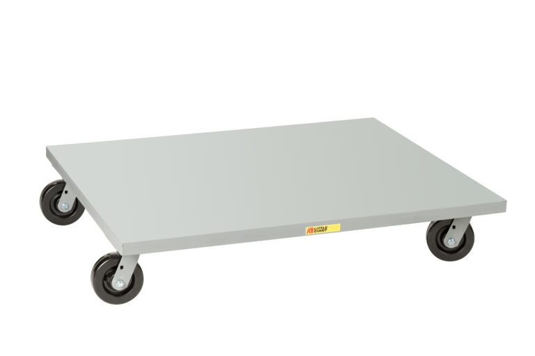The Little Giant Pallet Dollies are flat, rectangular metal tools with a smooth gray surface and four swivel casters, ideal for smoothly transporting heavy items. A small label on the side ensures reliability and ease during use.