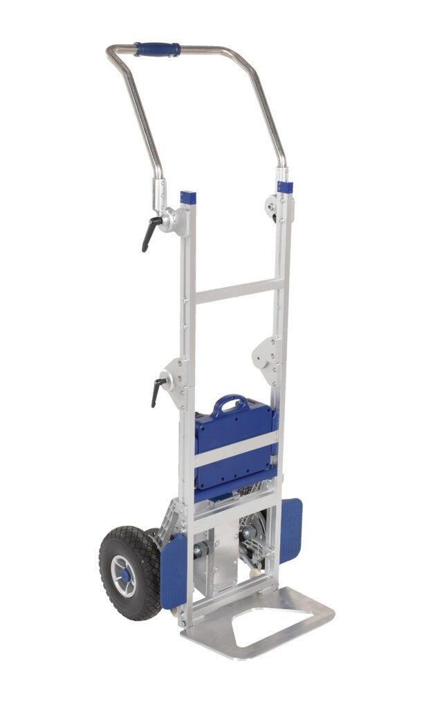 The Vestil Powered Drive Stair Climber 350# Capacity features a sturdy metal frame with two large rubber wheels and adjustable supports for efficient stair navigation. Its blue component and top handle make moving items up and down stairs effortless.