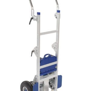 The Vestil Powered Drive Stair Climber 350# Capacity features a sturdy metal frame with two large rubber wheels and adjustable supports for efficient stair navigation. Its blue component and top handle make moving items up and down stairs effortless.