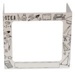 The Vestil Pers Desk Shld Grd Bk2School Bk/Wh 1Window 17.5 boasts a black-and-white educational design with illustrations like a calculator and globe. It measures 17.5 inches wide and includes a blank label space at the bottom for personalization.