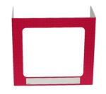 The Vestil Pers Desk Shld Grd Magenta Pattern 1Window 17.5 is a privacy folder that stands upright on a desk. It features a magenta pattern, a rectangular cutout for viewing, and a white Name space at the bottom for personalization.