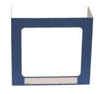 The Vestil Pers Desk Shld Grd Blue Pattern 1Window 17.5 features a blue tri-fold tabletop privacy screen with a geometric design, one window with a large rectangular cutout, and a small Name label space at the bottom. It stands 17.5 inches tall.