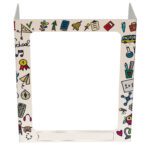 A vibrant frame with doodles of books, pencils, and a school bus surrounds the Vestil Pers Desk Shld Grd Bk2School Color 1Window 23.5 design. Musical notes border an empty white space with a small name field at the bottom, perfect for Back to School flair.