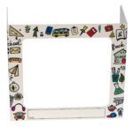 The Vestil Pers Desk Shld Grd Bk2School frame, featuring colorful school-themed doodles like books and pencils, has a central photo space and name tag area. Its the perfect addition to your desk or classroom for that back-to-school charm.