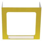 The Vestil Pers Desk Shld Grd Yellow Pattern 3Windows 17.5 is a tri-fold privacy shield with a decorative yellow pattern, three visibility windows, and a name label for personal identification, perfectly designed for any desk.