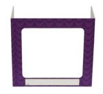 The Vestil Pers Desk Shld Grd in a purple pattern features a tri-fold design with three windows for visibility and includes a blank white label for personalization. At 17.5 inches tall, it provides ample coverage.