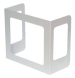 The white, rectangular metal bracket with open sides and rounded corners is perfect for wall-mounting the Vestil Pers Desk Shld Grd Custom Logo 3Windows 17.5, offering space for a custom logo or up to three windows.