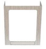 A vertical rectangular metallic frame with a wood-like texture and a touch of Vestil design showcases an open center and a small labeled nameplate at the base. The white linen theme beautifully accentuates the sleek Vestil Pers Desk Shld Grd White Linen Theme 3Windows 23.5 against the pristine backdrop.