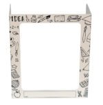 The Vestil Pers Desk Shield features a white partition with hand-drawn school-themed illustrations such as books, globes, and paint palettes. It includes three large windows and has a name label at the bottom for personalization.