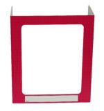 The Vestil Pers Desk Shld Grd in magenta pattern with 3 windows features a red privacy folder with a central rectangular cutout and Name label area for personalization. The interior is white, and it stands upright elegantly, adding flair to any workspace.