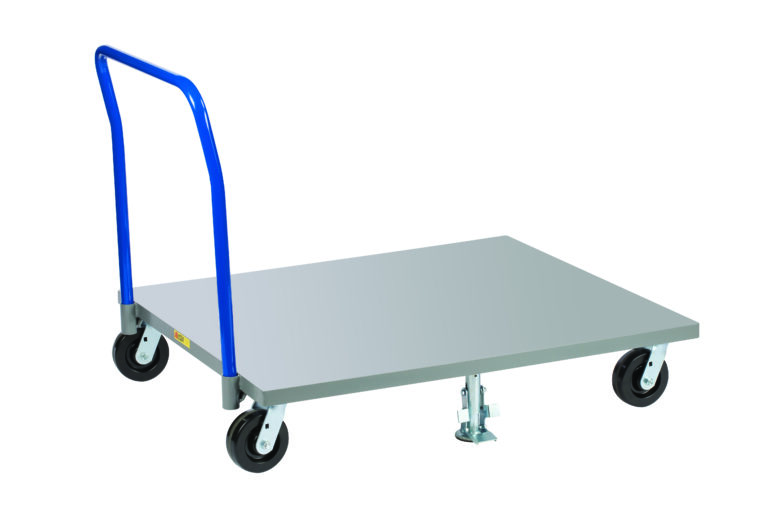 The Little Giant Pallet Dollies have a metallic platform and blue handle with four wheels, including a swivel caster, ideal for transporting heavy items. The trolley stands with its handle extending upwards on the left.