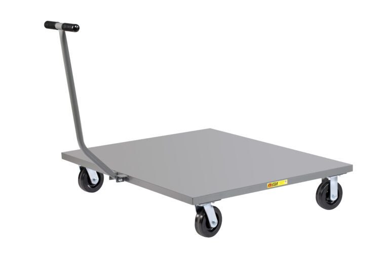The Little Giant Pallet Dolly with T-Handle has a square gray platform, four durable black wheels, and a long handle for easy pushing, ideal for smoothly transporting heavy items on flat surfaces.