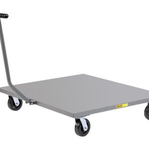 The Little Giant Pallet Dolly with T-Handle has a square gray platform, four durable black wheels, and a long handle for easy pushing, ideal for smoothly transporting heavy items on flat surfaces.