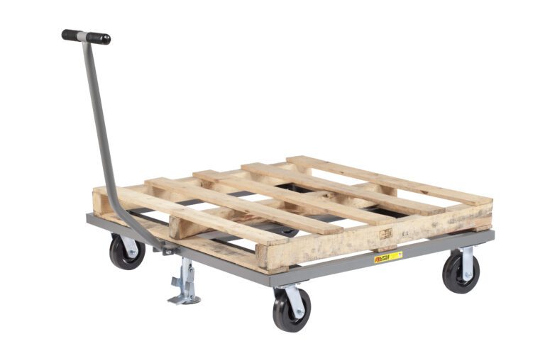 The Little Giant Pallet Dolly with T-Handle is a gray metal platform with a wooden pallet and four large black wheels, expertly designed to transport heavy items smoothly and efficiently.