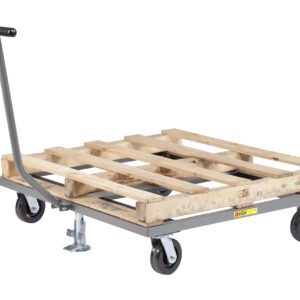 The Little Giant Pallet Dolly with T-Handle is a gray metal platform with a wooden pallet and four large black wheels, expertly designed to transport heavy items smoothly and efficiently.
