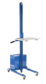 The Vestil Quick Lift 24Vdc Hand Steel raises loads up to 72 and handles up to 125#, featuring a blue electric lift cart with a vertical mast, white platform, and four caster wheels—two are swivel-style for mobility—with a side control handle.