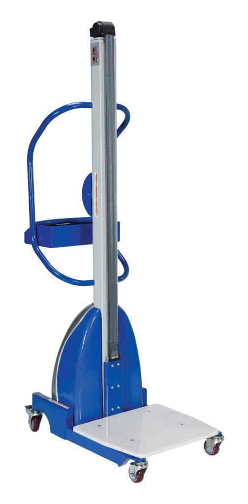PEL-33_A.jpg The Vestil DC Powered Versatile Quick Lift 330 Lb is a blue and silver material handling device with wheels for mobility, ergonomic handle for easy use, and supports up to 330 lbs.